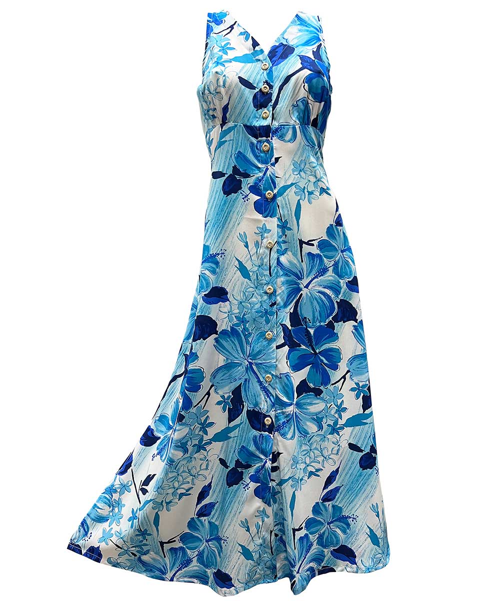 Ladies Watercolor Hibiscus Blue Button Front Long Dress