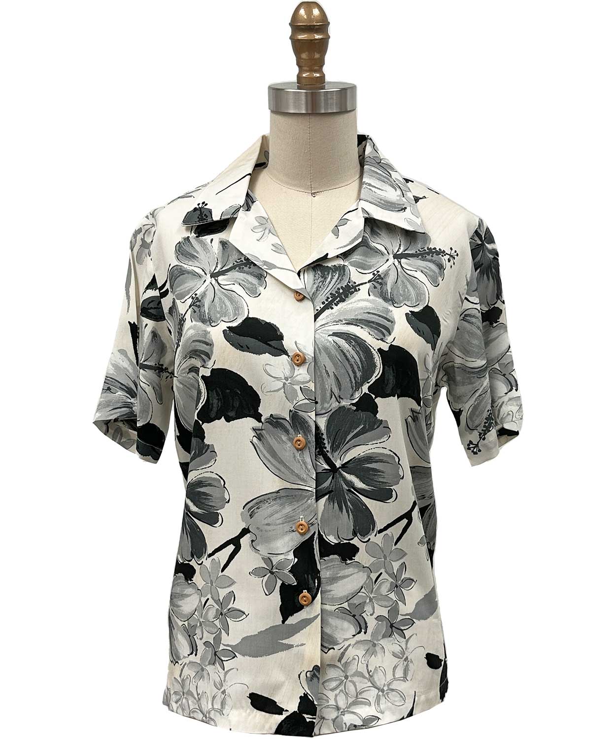 Ladies Watercolor Hibiscus Gray Camp Shirt