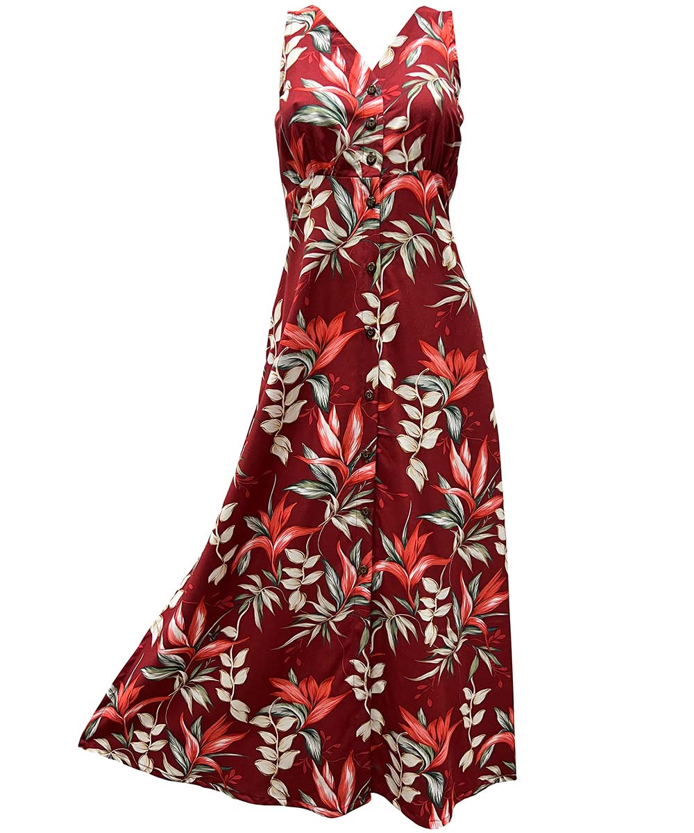 Ladies Heliconia Paradise Red Button Front Long Dress
