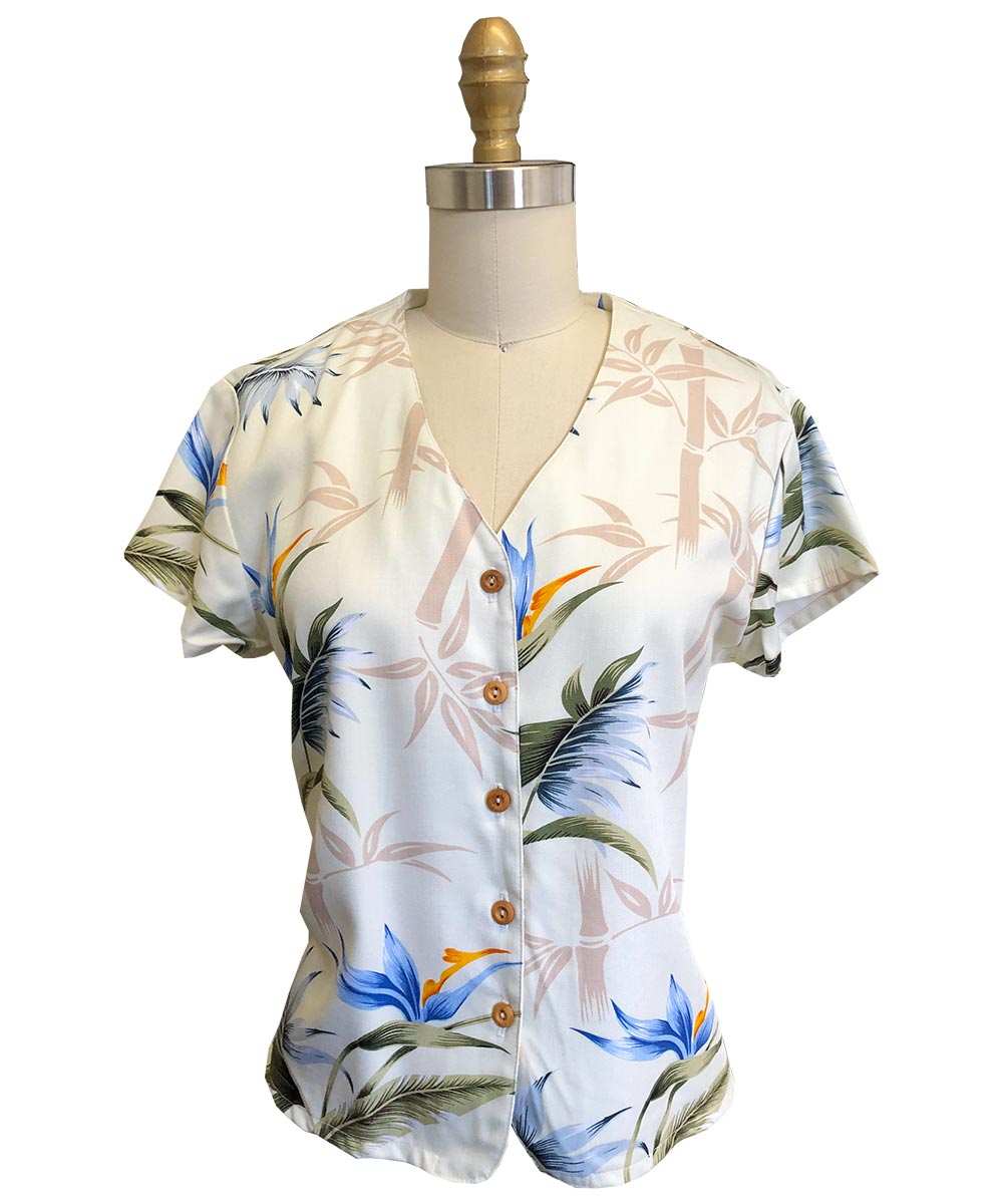 White HAWAII 369さま専用ページ①　ラボ服　らぼ服　ハンドメイド Paradise Found Bamboo Paradise V-Neck Top - Cream | Aloha Shirt Shop