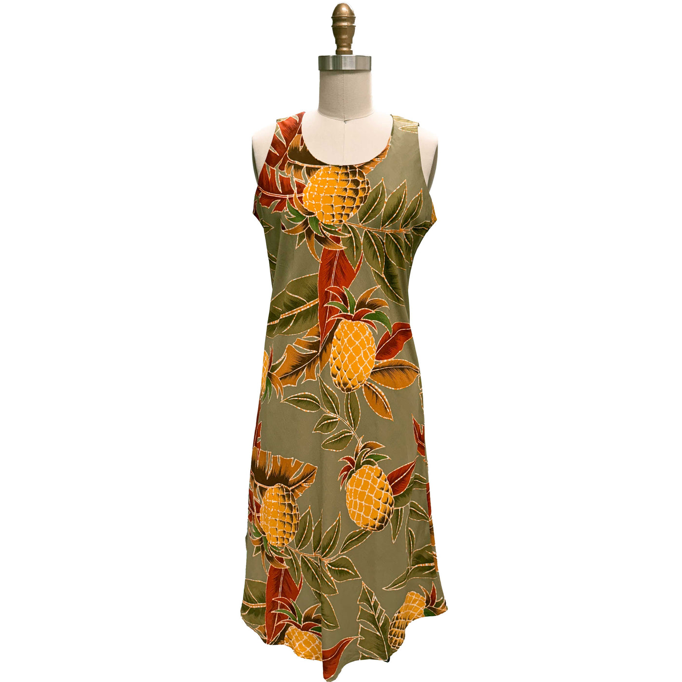 Retro Pineapple Tank Dress - Olive
