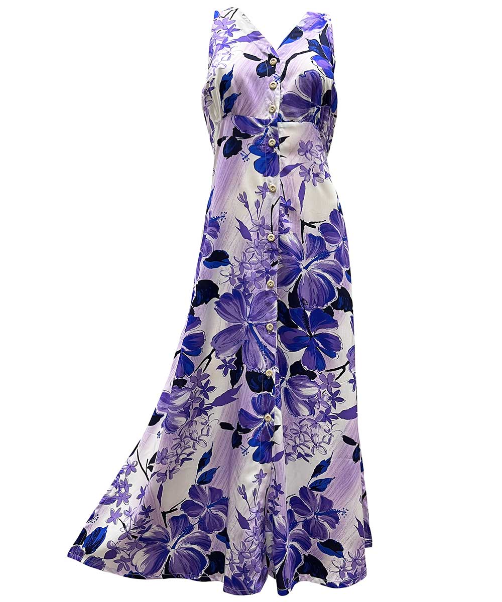 Ladies Watercolor Hibiscus Purple Button Front Long Dress