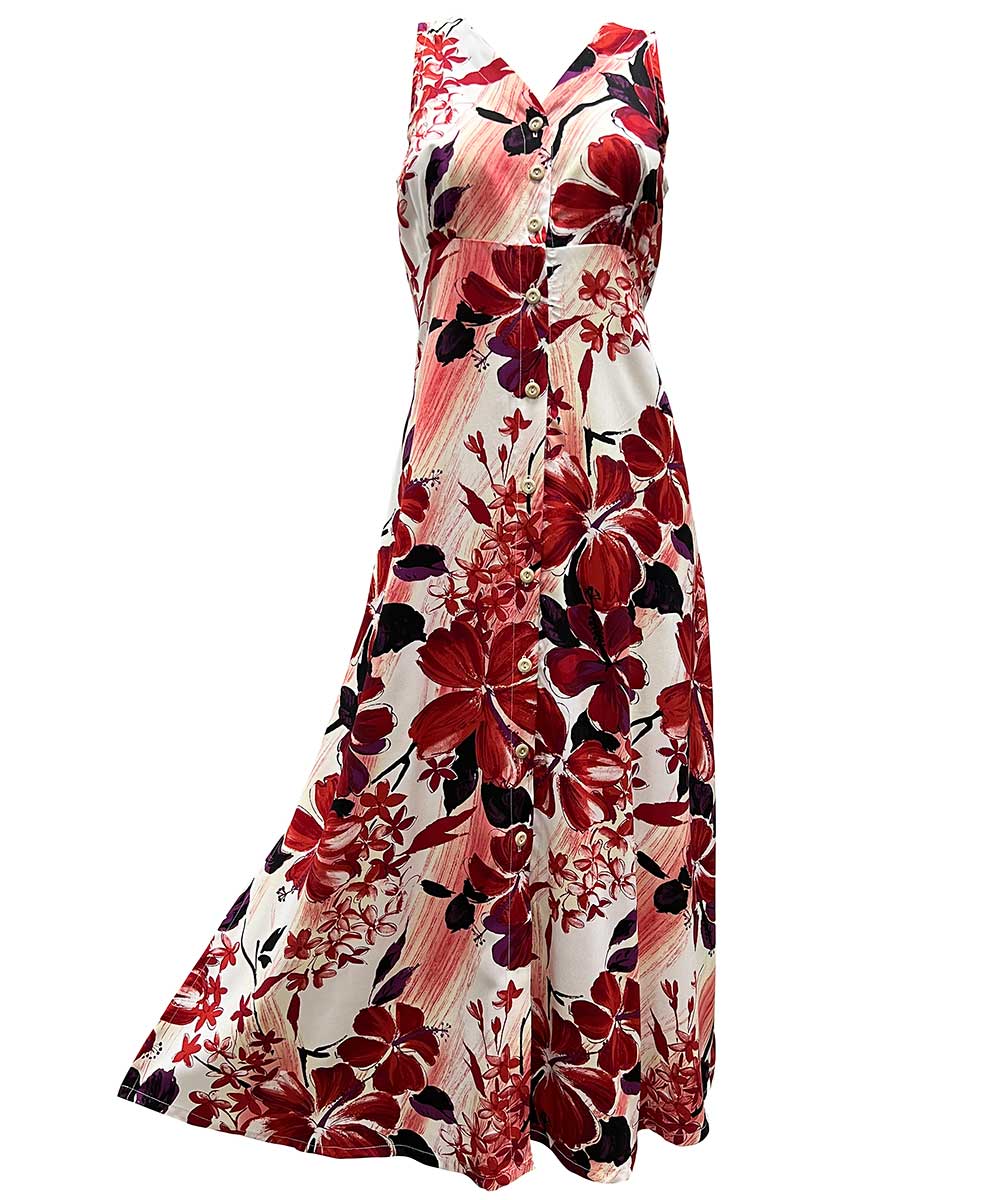 Ladies Watercolor Hibiscus Red Button Front Long Dress