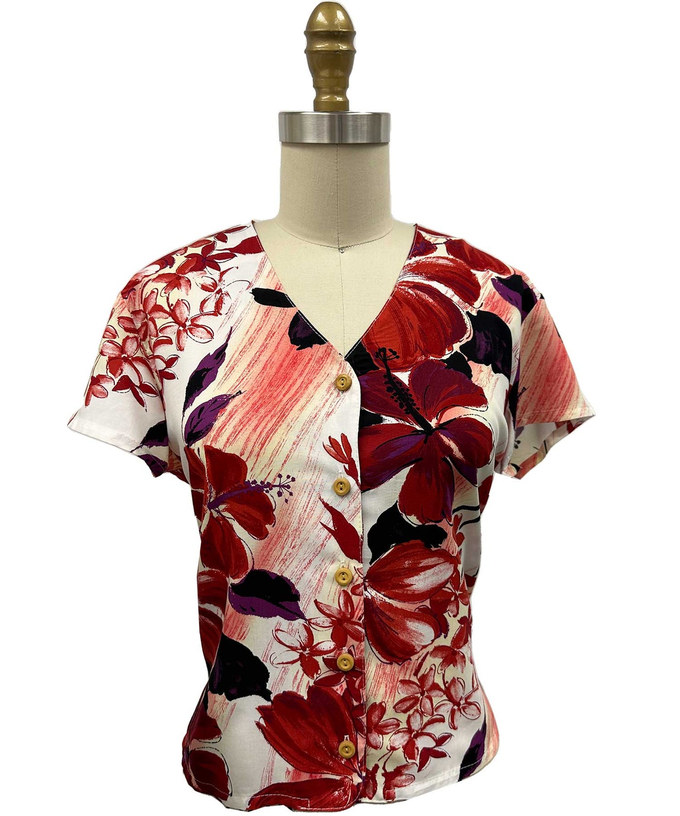 Watercolor Hibiscus Red V-Neck Top