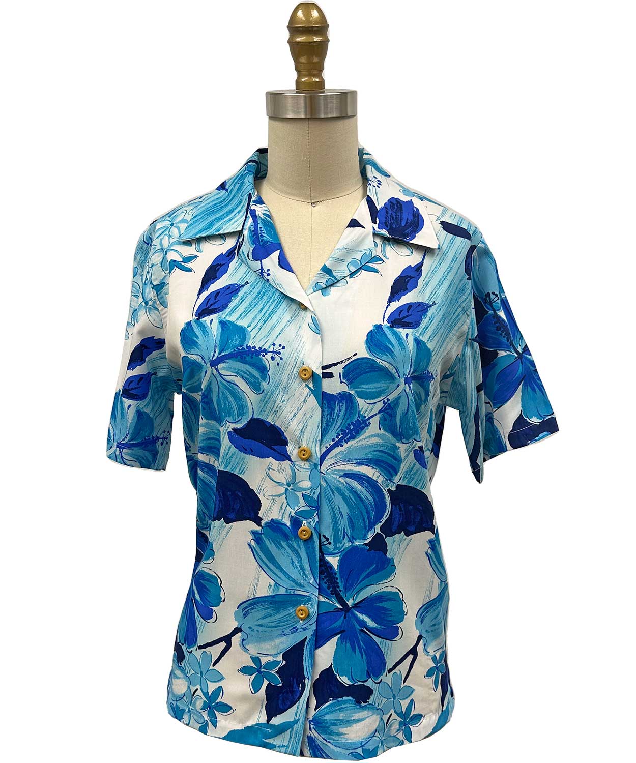 Ladies Watercolor Hibiscus Blue Camp Shirt