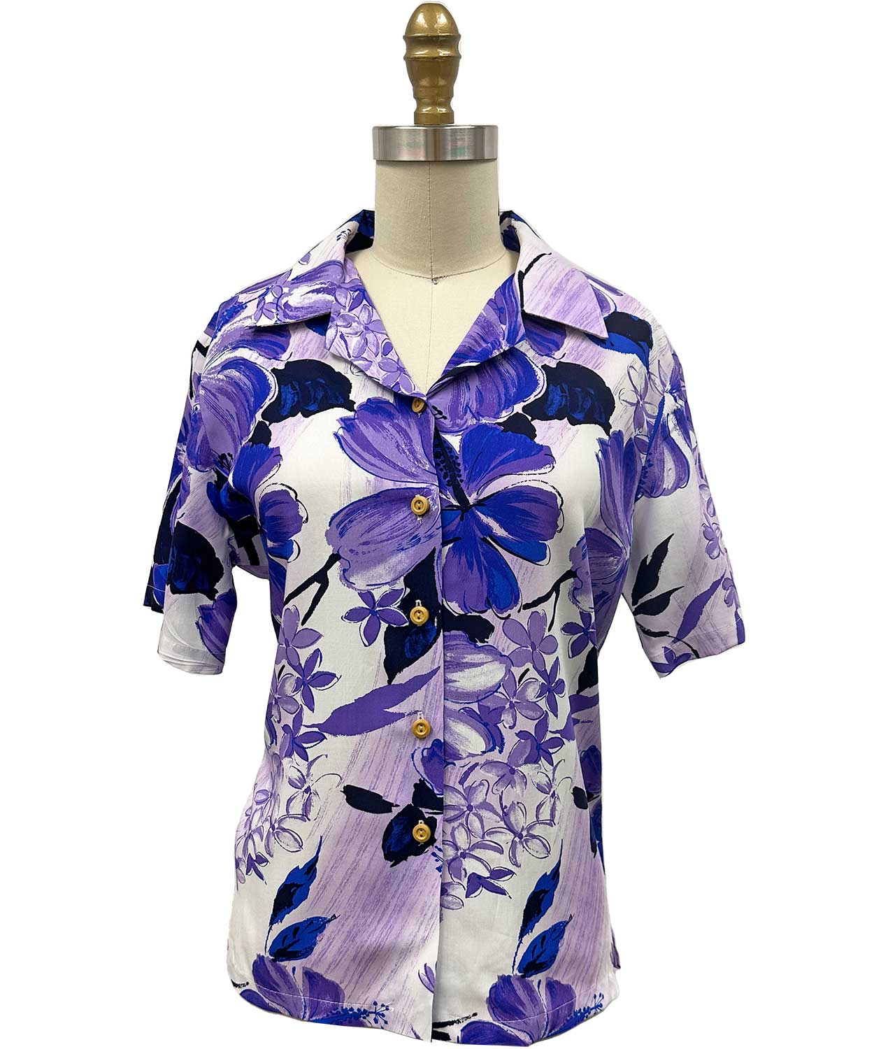 Ladies Watercolor Hibiscus Purple Camp Shirt