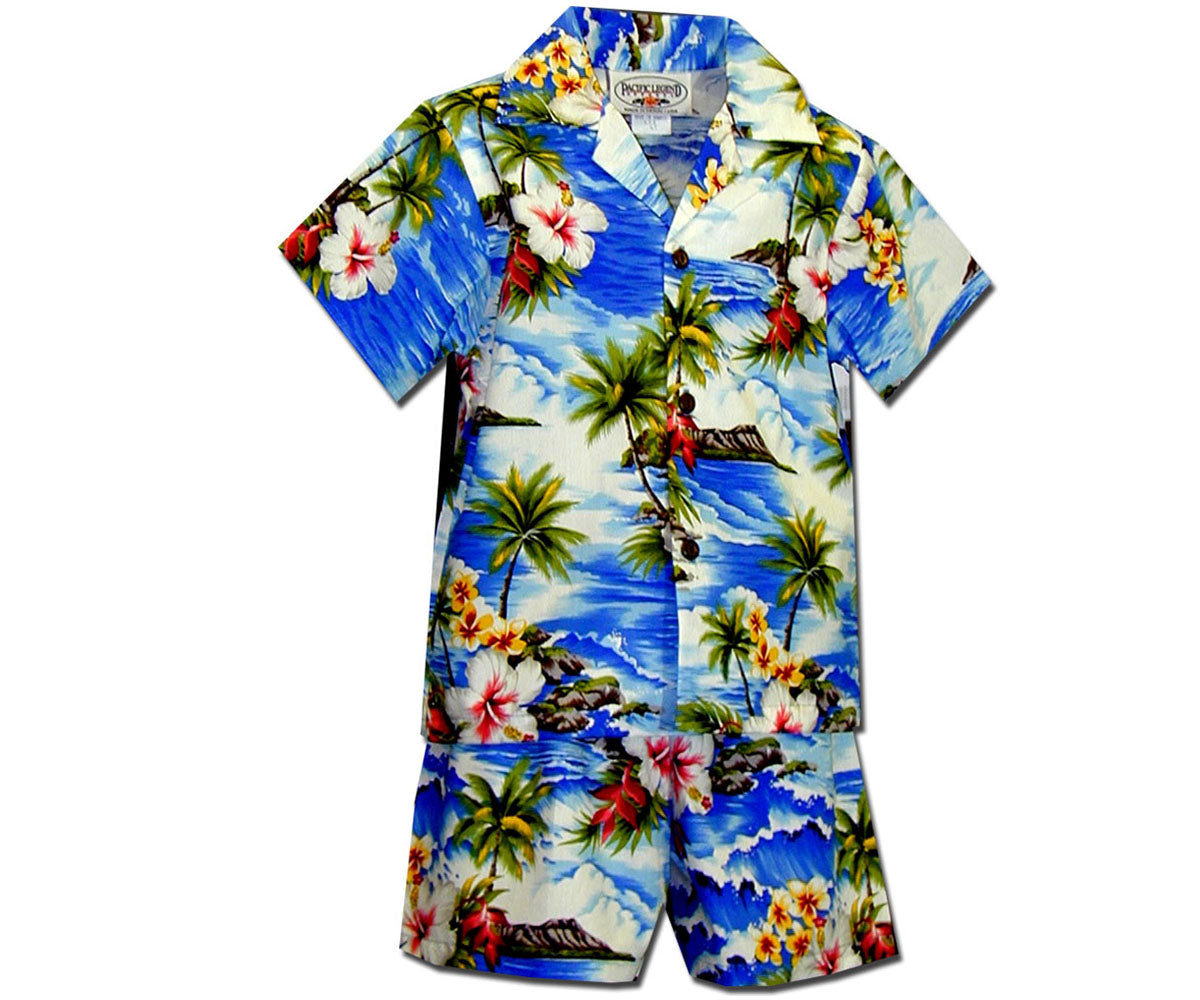 Diamond Head Beach Blue Boy's Hawaiian Shirt and Shorts