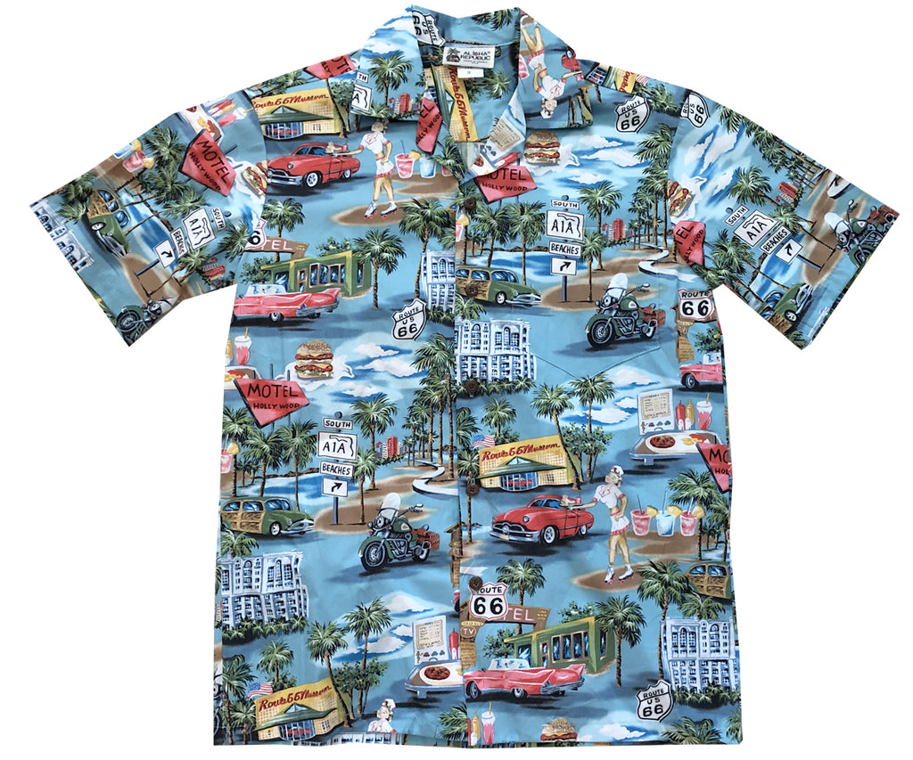 ARTtraction attractions 半袖アロハ Aloha Republic Route 66 Memories - Blue | Aloha Shirt Shop