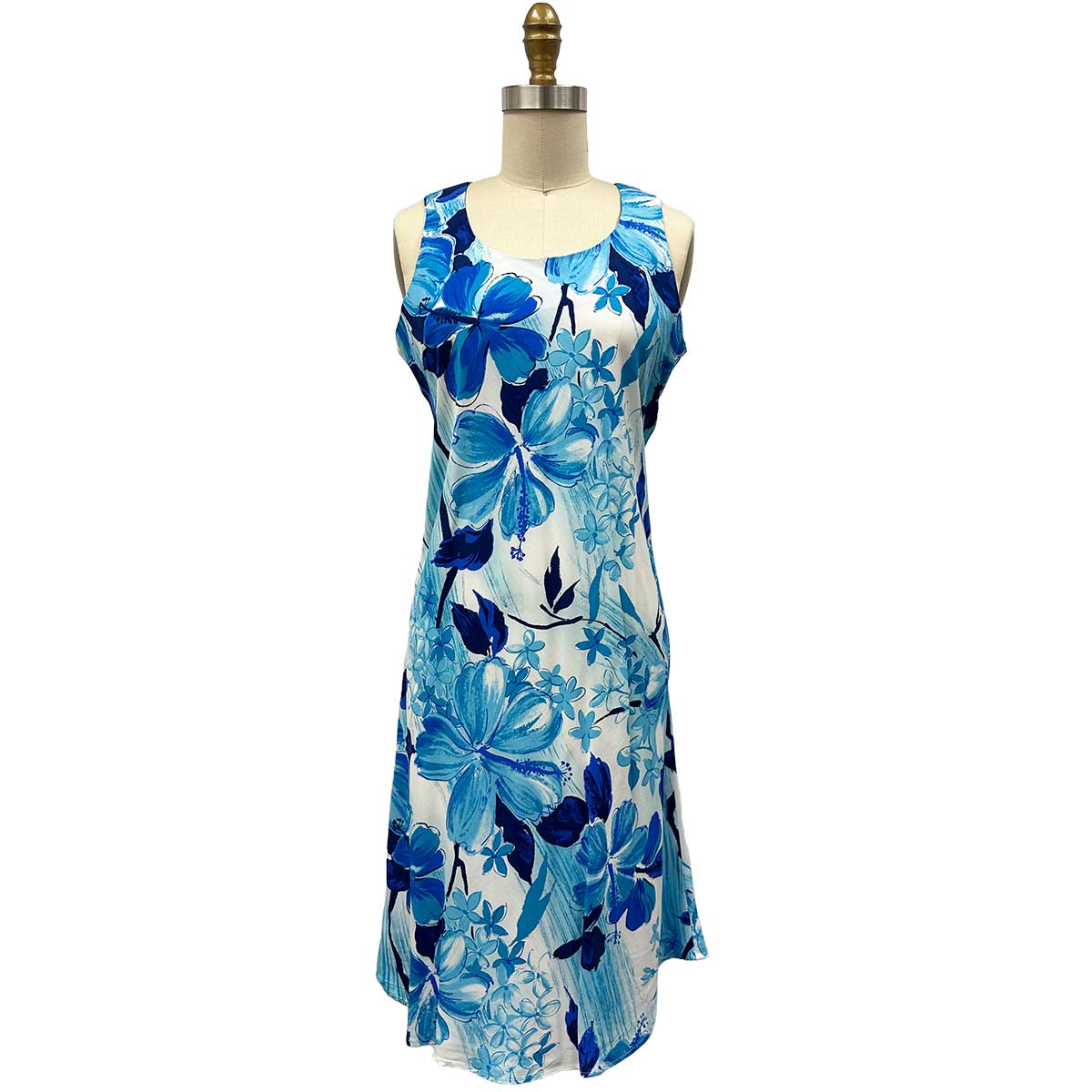 Ladies Watercolor Hibiscus Tank Dress - Blue