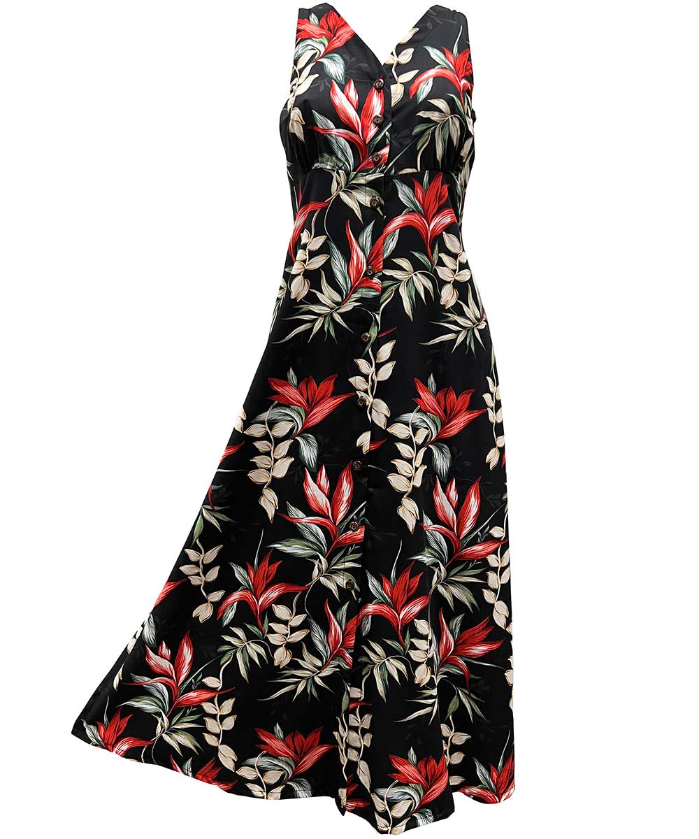 Ladies Heliconia Paradise Black Button Front Long Dress