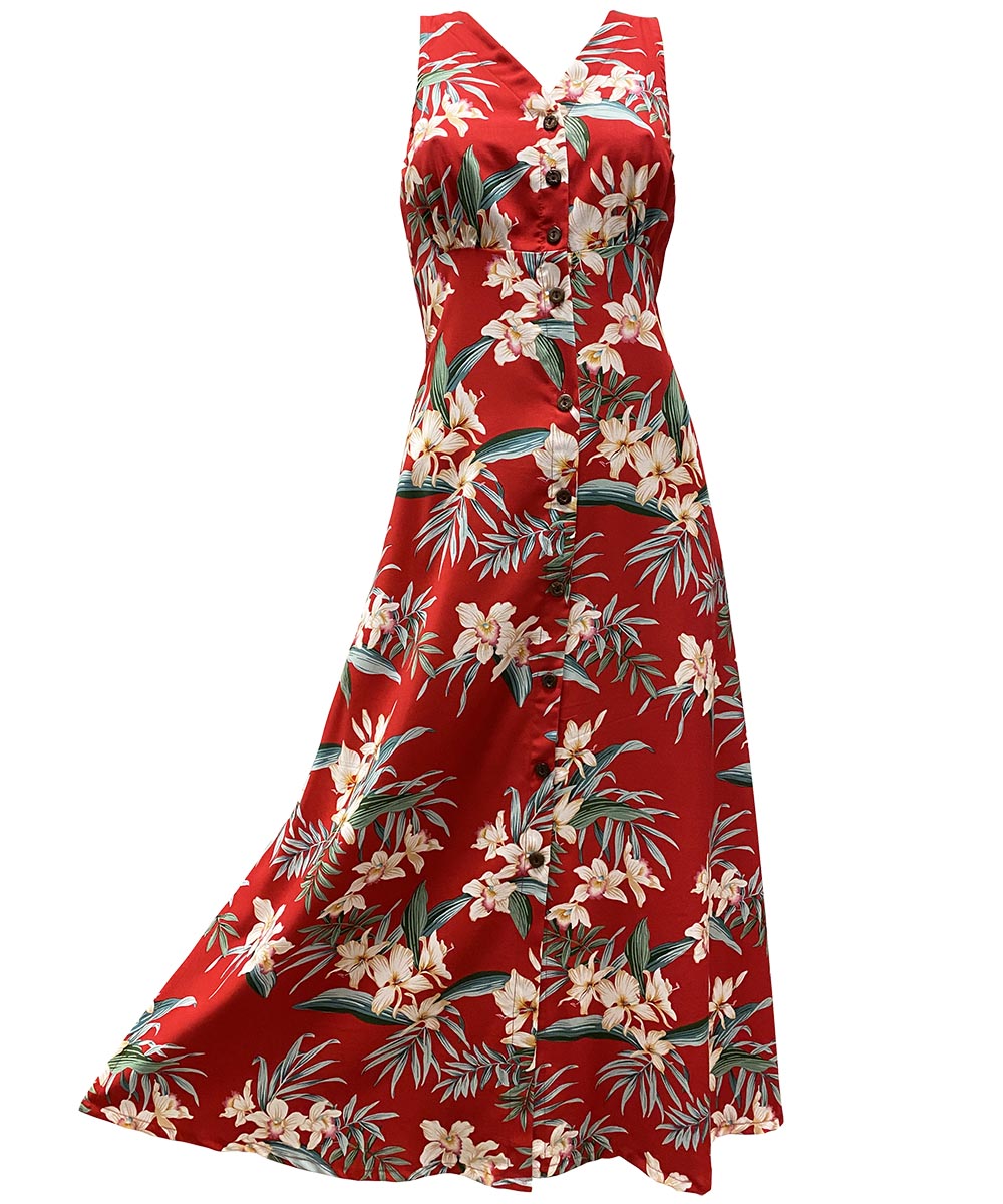 Ladies Orchid Ginger Red Button Front Long Dress