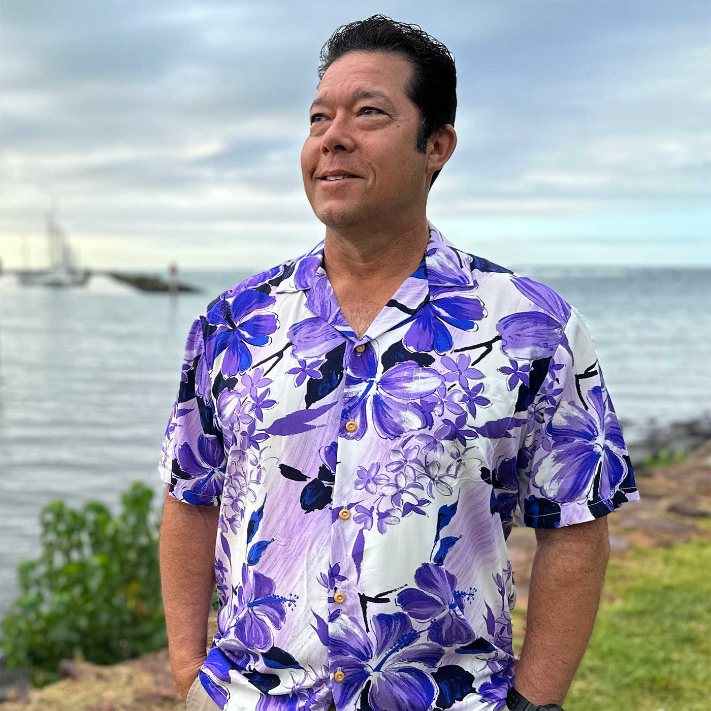 Watercolor Hibiscus Purple Aloha Shirt by Paradise Found